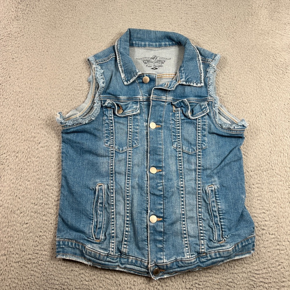Free People Vest Womens Button Down Raw Hem Denim Blue Size M